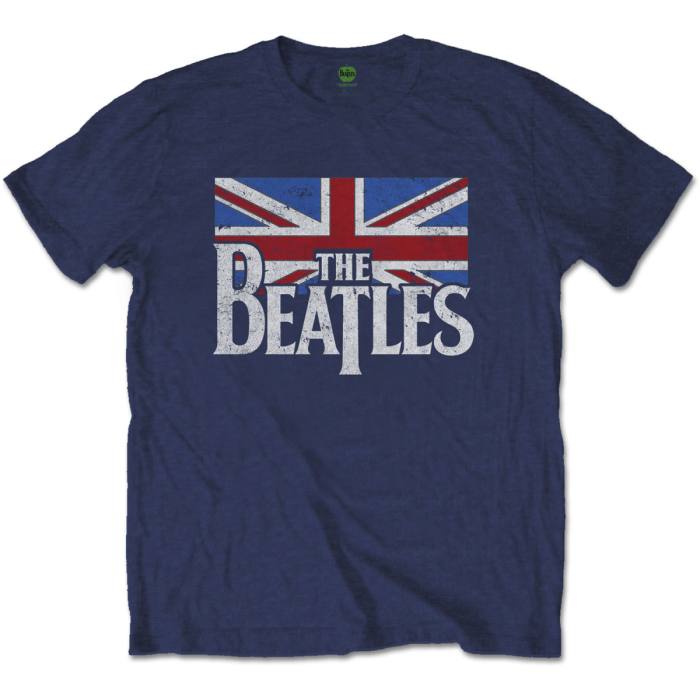 The Beatles Unisex T-shirt: Drop T Logo & Vintage Flag (temno modra) 84105