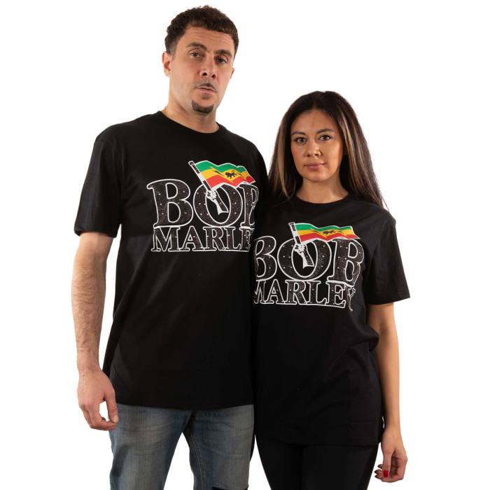 Bob Marley T-shirt Flag Logo (Black, Embellished) 85766