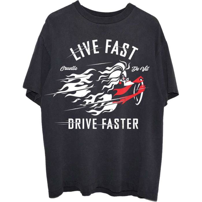 Disney Unisex T-shirt: 101 Dalmatians Cruella Live Faster (Črna) 88499