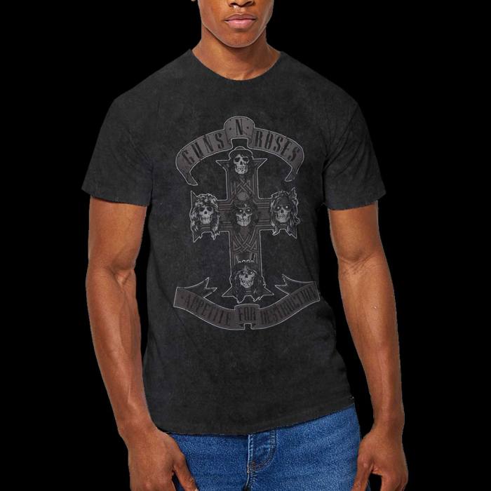Guns N' Roses Unisex T-shirt Monochrome Cross (Dip-Dye On Black, Wash Collection) 92307