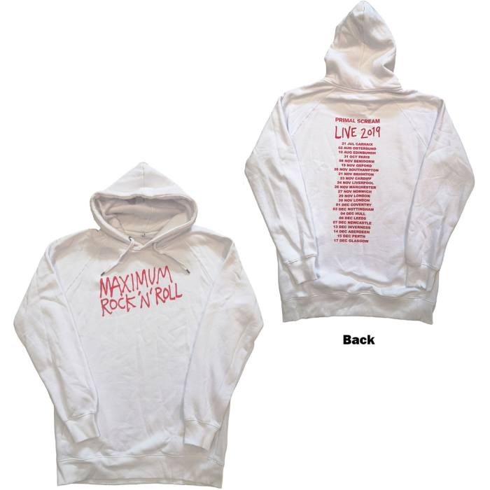 Primal Scream Unisex Pullover Hoodie: Maximum RnR (White) (Back Print & Ex-Tour) 100684