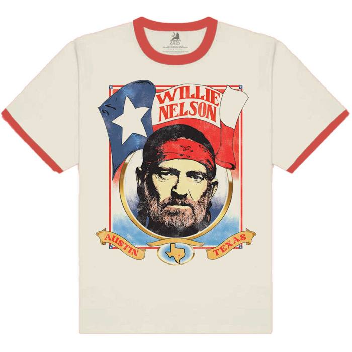 Willie Nelson Unisex Ringer T-Shirt: Americana (Cream & Red) 107696