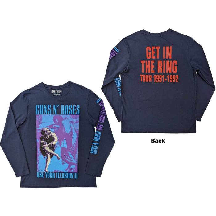 Guns N' Roses Unisex Long Sleeve T-Shirt: Get In The Ring Tour '91-'92 (Navy Blue) (Back & Sleeve Print) 232871