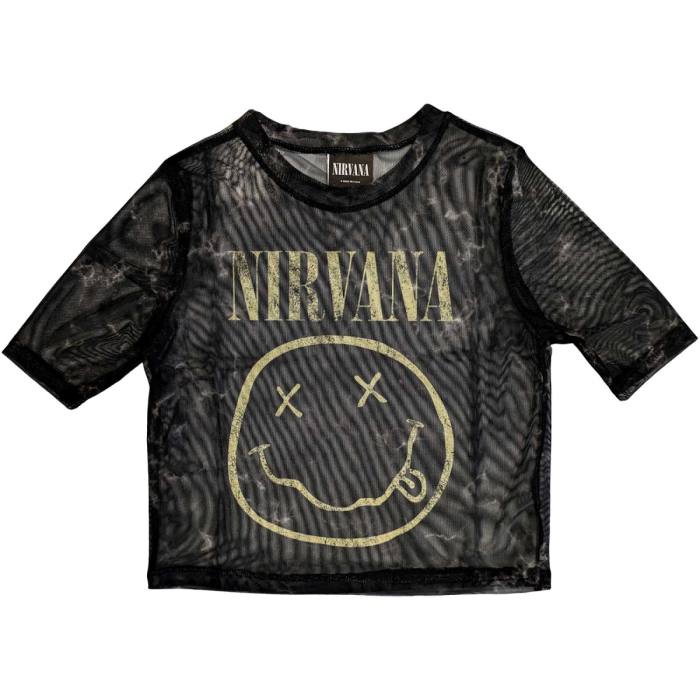 Nirvana Ladies Crop Top: Yellow Smiley (Mesh) 114276