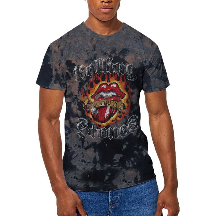The Rolling Stones Unisex T-Shirt: Tattoo Flames (Dip-Dye na Sivi) (Wash Collection) 115058