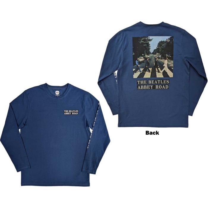 The Beatles Unisex Long Sleeve T-Shirt: Abbey Road (denim modra, potisk hrbet & rokav) 117094