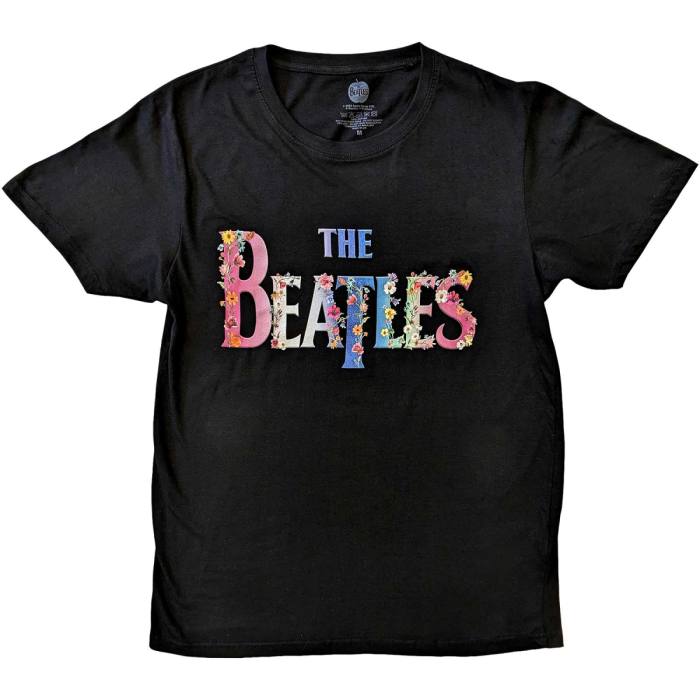 The Beatles unisex T-Shirt: Floral Logo, črn 117856
