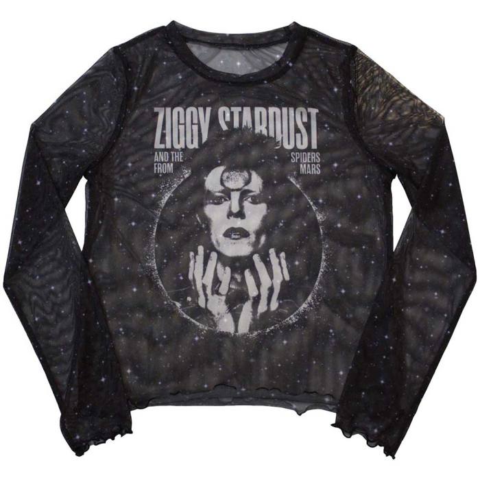 David Bowie Ladies Long Sleeve Crop Top: Ziggy v1 (Black) (Mesh) 130074