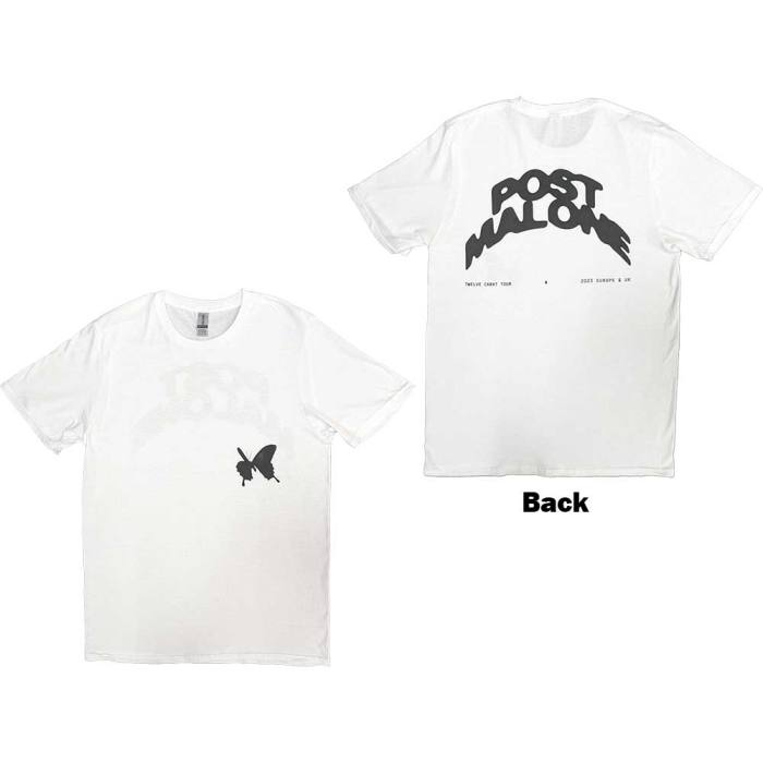 Post Malone Unisex T-Shirt: Curved Logo 2023 Tour (bela, back print) (Ex-Tour) 133294