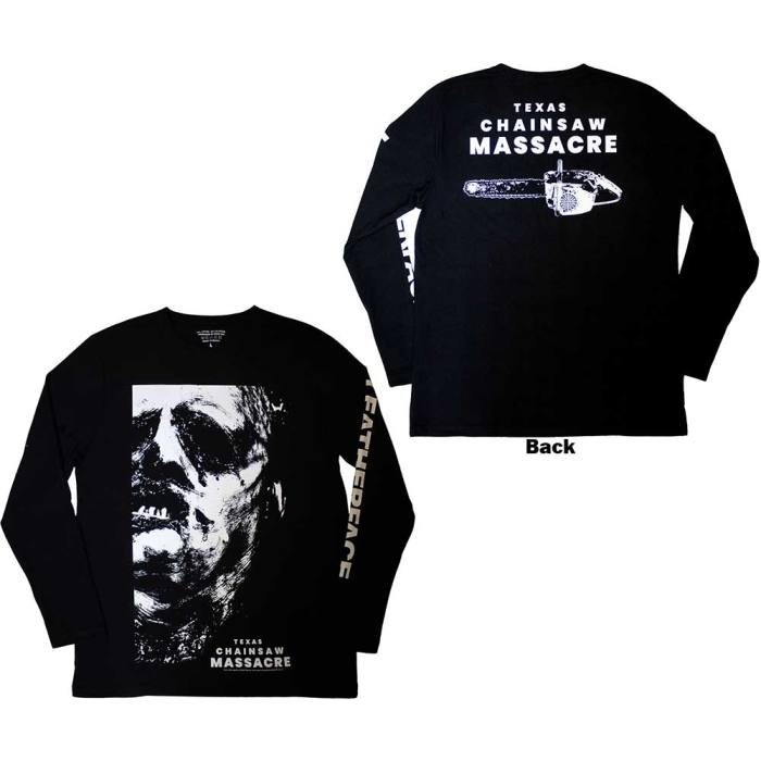 The Texas Chainsaw Massacre Unisex Dolgi Rokav T-shirt: Leather Face (Črna) (Zadnji Print) 134444