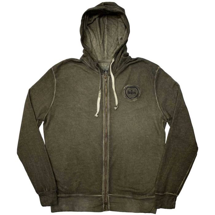 The Beatles Unisex Zipped Hoodie: Apple Logo Stone Wash (Khaki Green) 201778