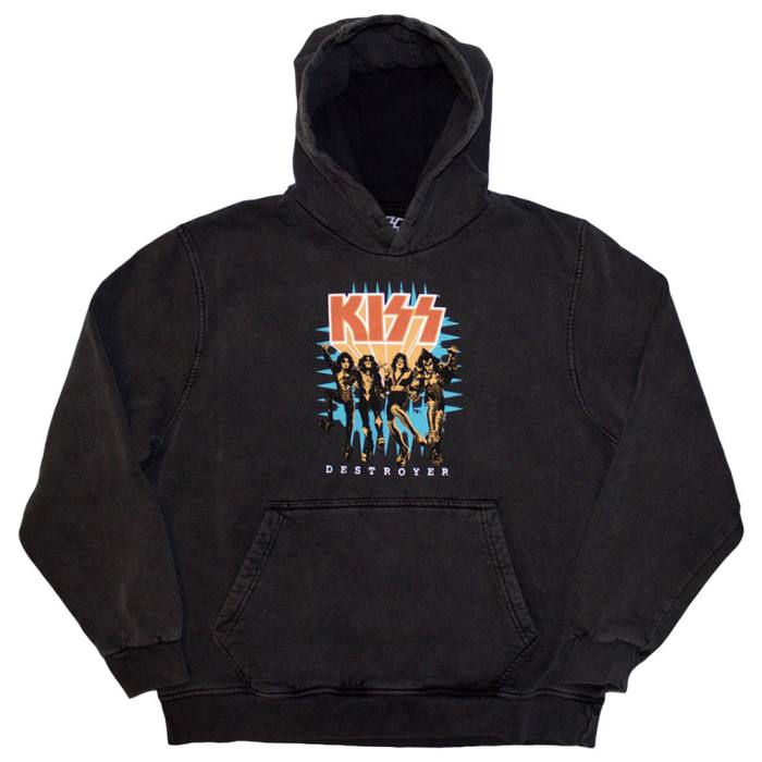 KISS Unisex Stone Wash Pullover Hoodie: Destroyer 3D Logo (Charcoal Grey) 204151