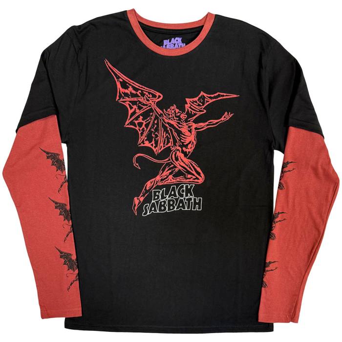 Black Sabbath Unisex Layered Long Sleeve T-Shirt Red Henry Wavy Logo (črno-rdeč, potisk na rokavu) 220465