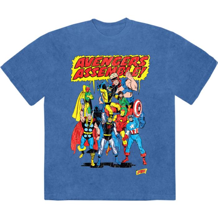 Marvel Comics Unisex Stone Wash T-Shirt: Avengers Assemble Retro (Denim Blue) 221797