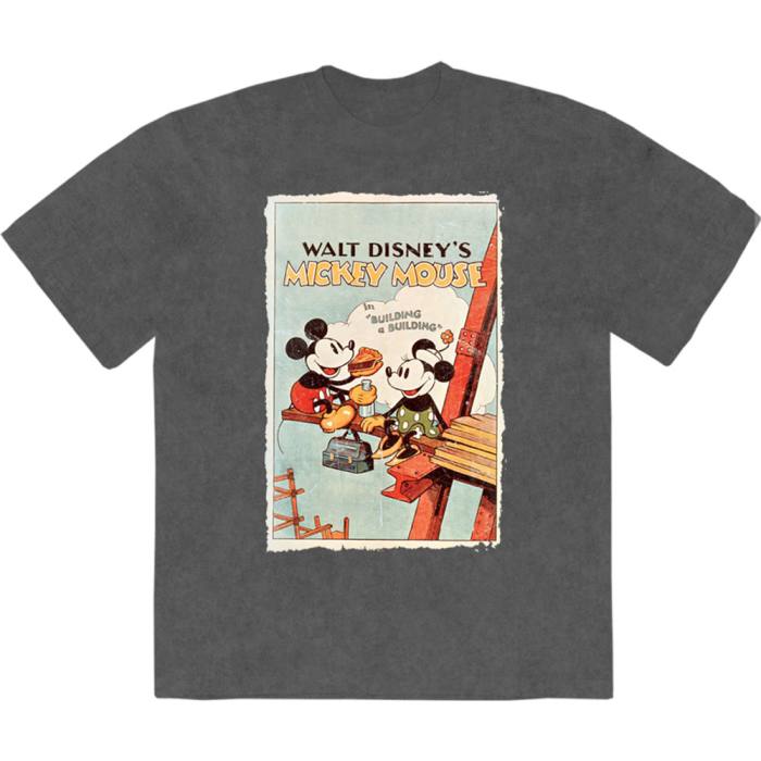 Disney Unisex Stone Wash T-Shirt: Mickey Building A Building (Charcoal Grey) 222201