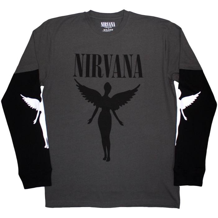 Nirvana Unisex Layered Long Sleeve T-Shirt: In Utero Mono (Charcoal Grey & Black) (Sleeve Print) 222493