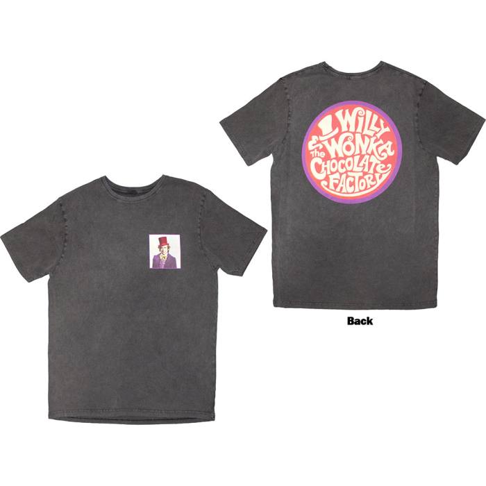 Willy Wonka Unisex Stone Wash T-Shirt: Logo Emblem (Sivo) (Back Print) 224101
